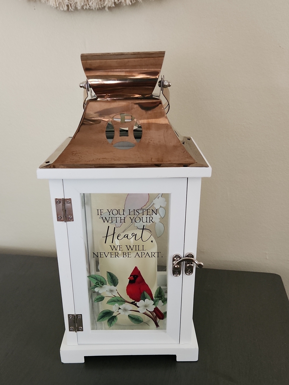 Decorative White Lantern with Copper Top - Heart Sentiment
